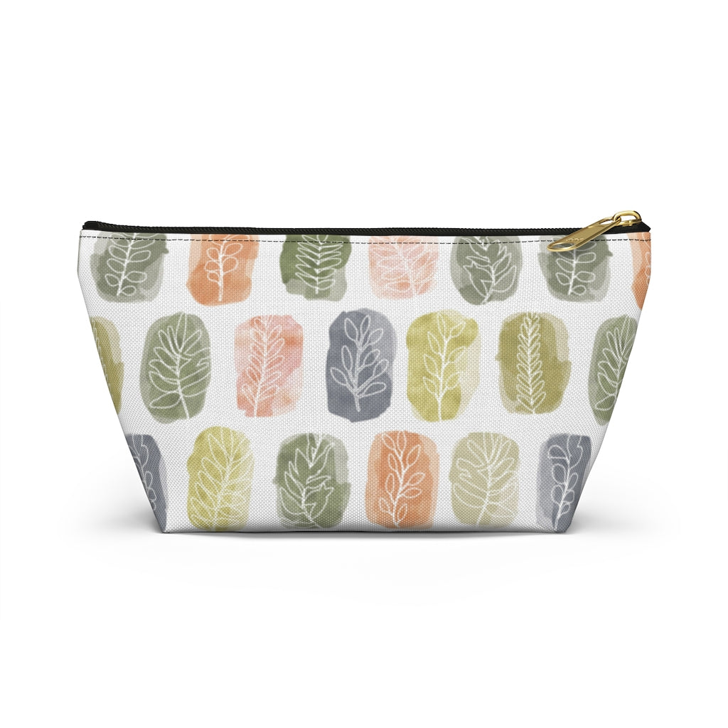 Watercolor Leaf Stamp Accessory Pouch w T-bottom in Green