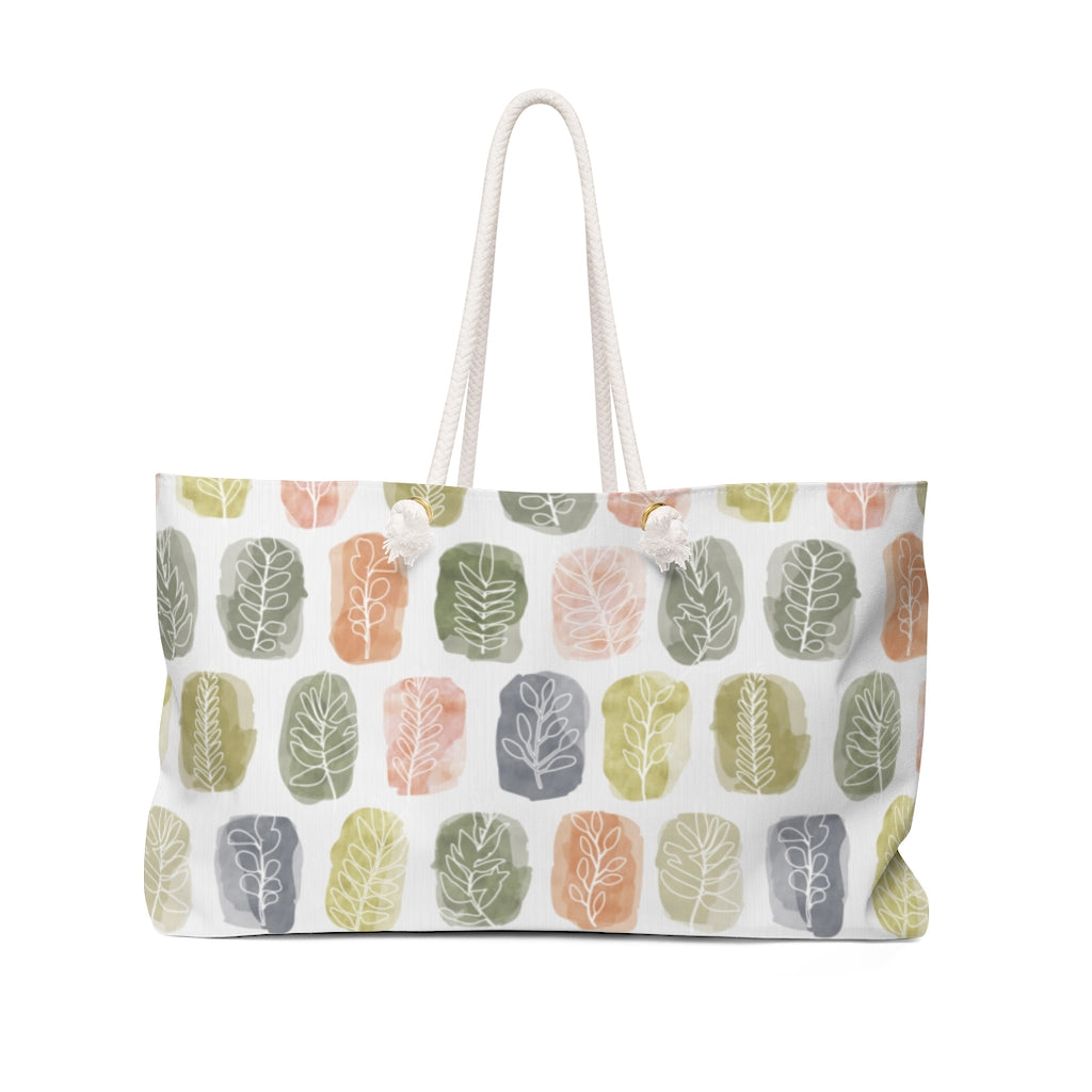 Watercolor Leaf Stamp Weekender Bag in Green