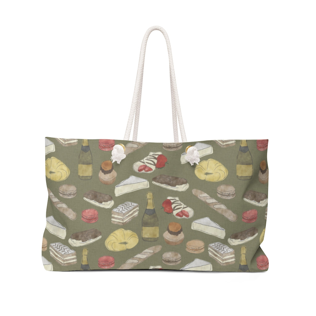 Watercolor French Pastries Weekender Bag in Green